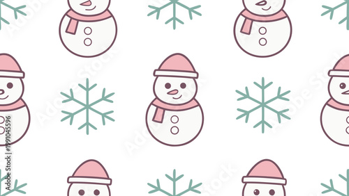 Cute cartoon snowmen and snowflakes seamless pattern in soft pastel colors