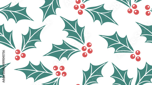 Seamless pattern with glossy holly leaves and red berries