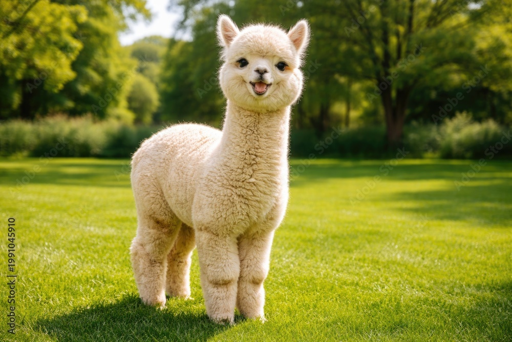 Fototapeta premium Cheerful alpaca pet posing full length on green grass lawn during summer day