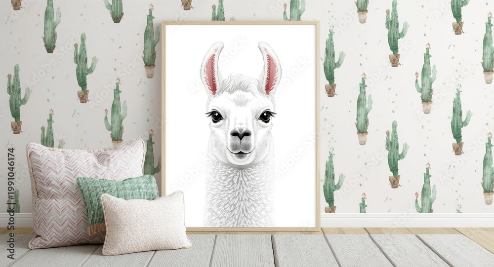 Fototapeta premium soft white llama watercolor painting with boho cactus motifs for baby room designs