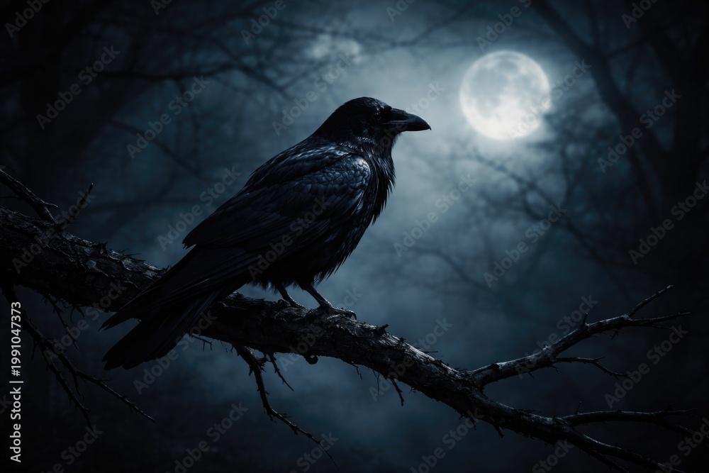 Naklejka premium A single raven resting on a branch in moonlight casting unsettling shadows on a spooky night