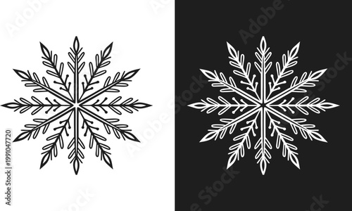 Black ink hand drawn symmetrical ice crystal pattern