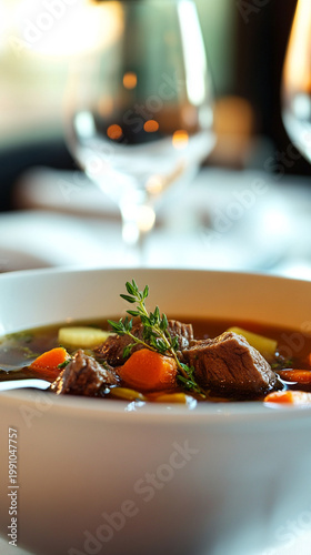 Hearty beef stew with vegetables and thyme in white bowl  
