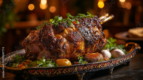Roast lamb on a platter garnished with herbs and vegetables  