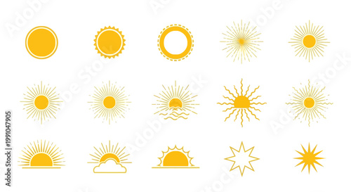 Collection of various sun icons and symbols.