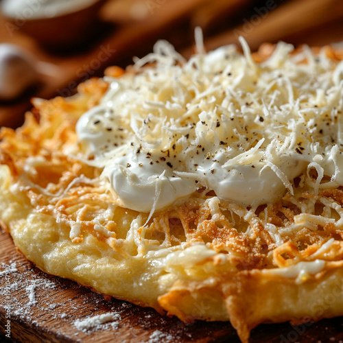 Savory flatbread topped with cheese and sour cream on wooden board  