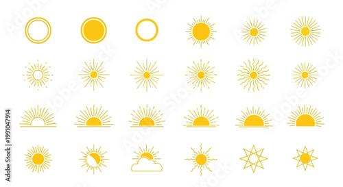 Collection of various sun icons and symbols.