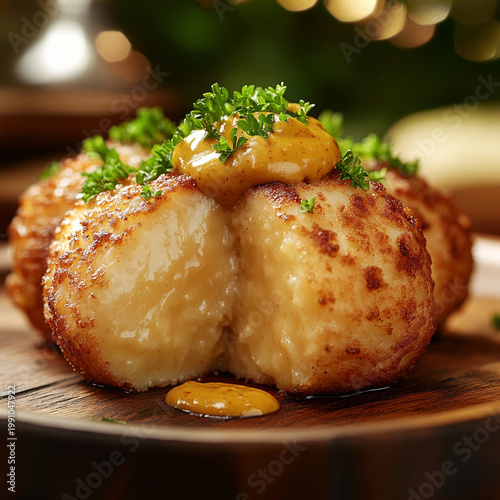Delicious fried potato balls with sauce and herbs on wooden board  