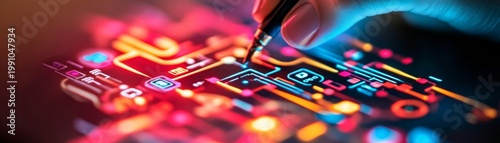 Close-up Hand guides stylus on vibrant, glowing neon circuits, symbolizing digital innovation, AI development and future technology architecture. Programming, Circuitry