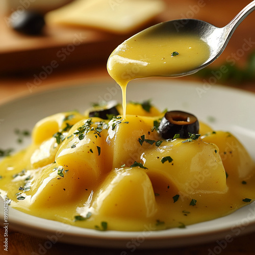Potato dumplings served with cheese sauce and olives on a plate  