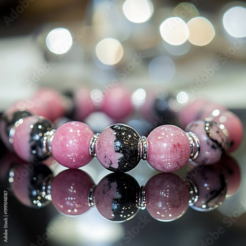 Colorful gemstone bracelet with pink and black beads on reflective surface  