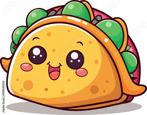 Kawaii taco character cute and happy cartoon illustration for Mexican food concept on transparent background.