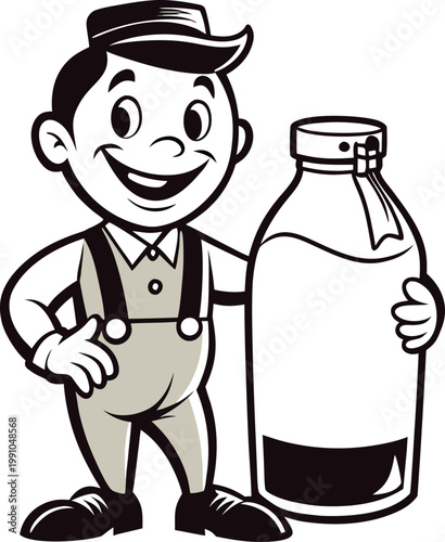 Retro black and white milkman character holding large glass bottle of fresh milk in classic vintage cartoon mascot drawing.