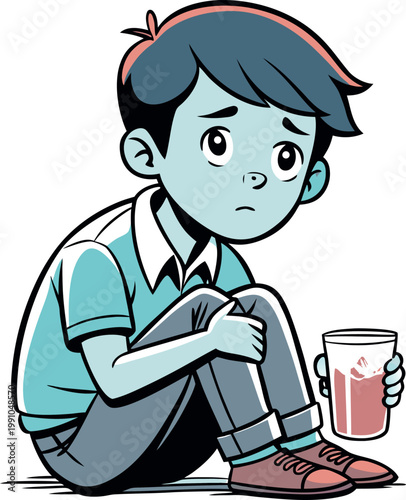 Sad lonely boy sitting on floor holding glass of red juice looking worried and distressed in muted blue color palette.