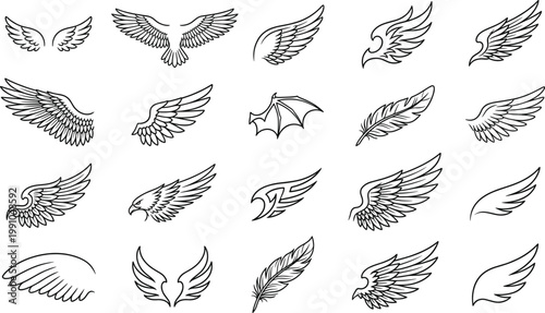 Wing and feather silhouettes collection, angel bird bat abstract vector illustration, decorative artwork design graphic - black and white flat vector illustration