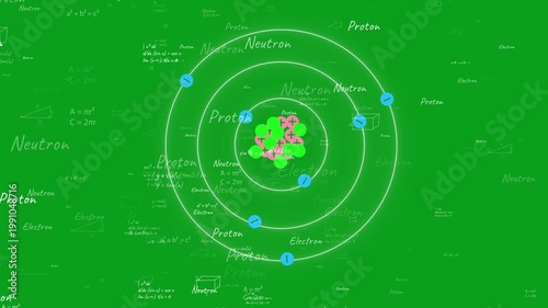 Dynamic Educational Animation Of A Stylized Atomic Structure With A Central Nucleus Of Protons And Neutrons Surrounded By Orbiting Blue Electrons On A Bright Green Background Filled With Floating Math