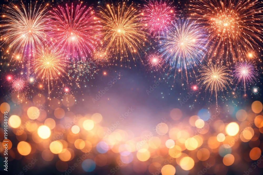 Obraz premium Celebratory fireworks bursting above a soft bokeh background featuring copy space for greetings