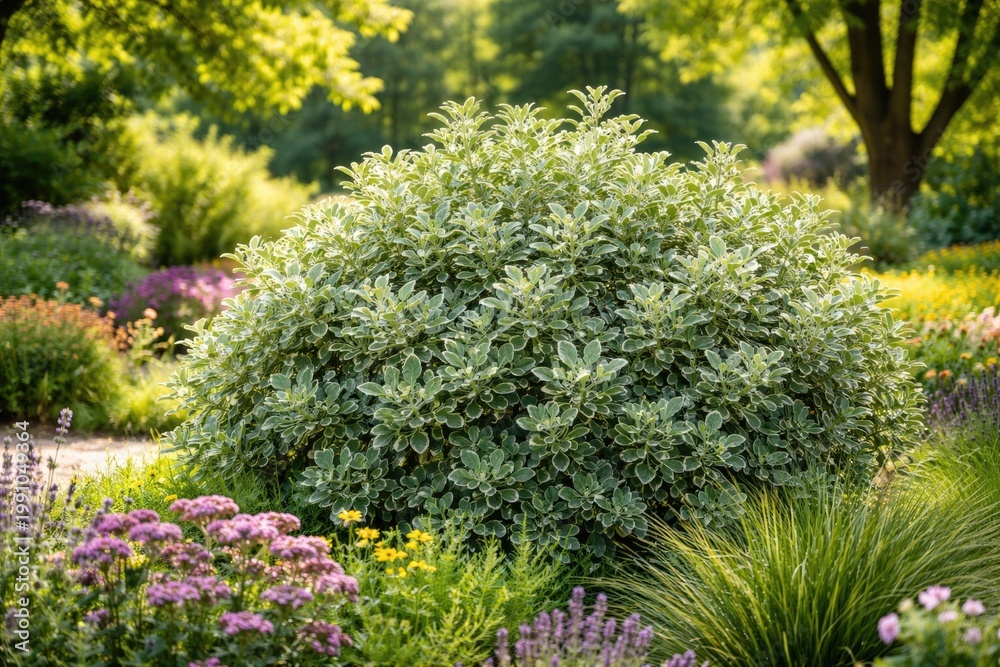 Obraz premium Lush Pittosporum Silver Ball foliage flourishing in vibrant early summer garden landscape