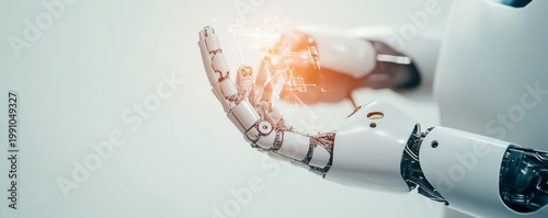Close-up of white robot arm holding glowing orange circuit data hologram. Depicts AI, digital transformation and future technology.,Robotics ,Innovation