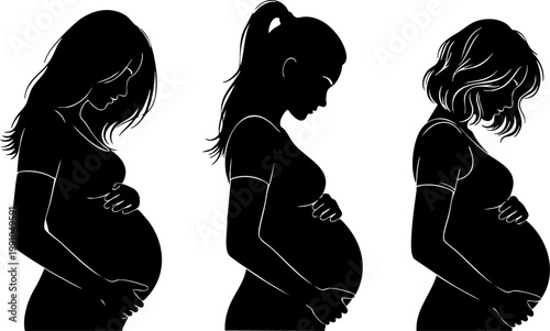 Pregnant woman silhouette vector set, expectant mother profile icons with different hairstyles, black and white maternity health and pregnancy concept art