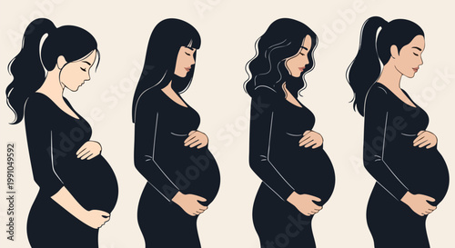 Minimalist pregnant woman vector set, expectant mothers in black dresses, maternity progression silhouettes with different hairstyles, motherhood concept