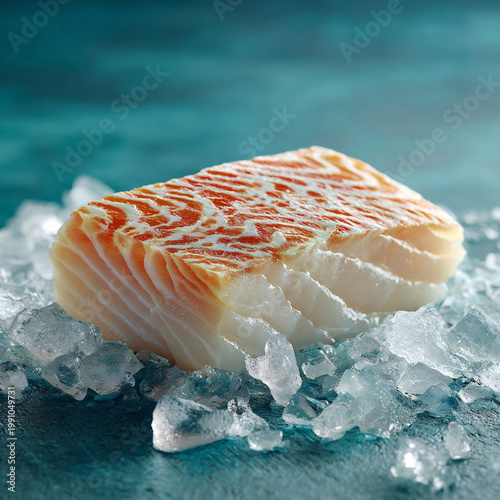 Fresh salmon fillet on ice ready for preparation and cooking in a kitchen setting during the early morning hours