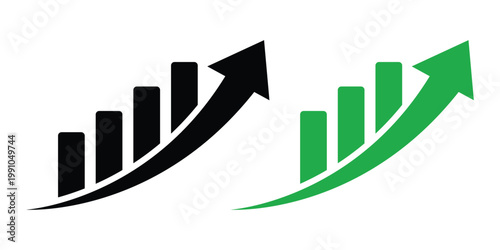 black icon representing business growth with a green bar chart and an upward trending arrow, on a transparent background