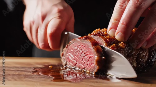 Hands slicing juicy cooked meat with a sharp knife. Carving a tender beef roast on a wooden cutting board. Food preparation and gourmet dinner concept