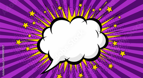 Retro comic book speech bubble, pop art cloud on purple sunburst background, vintage halftone explosion with yellow stars, blank dialogue box vector