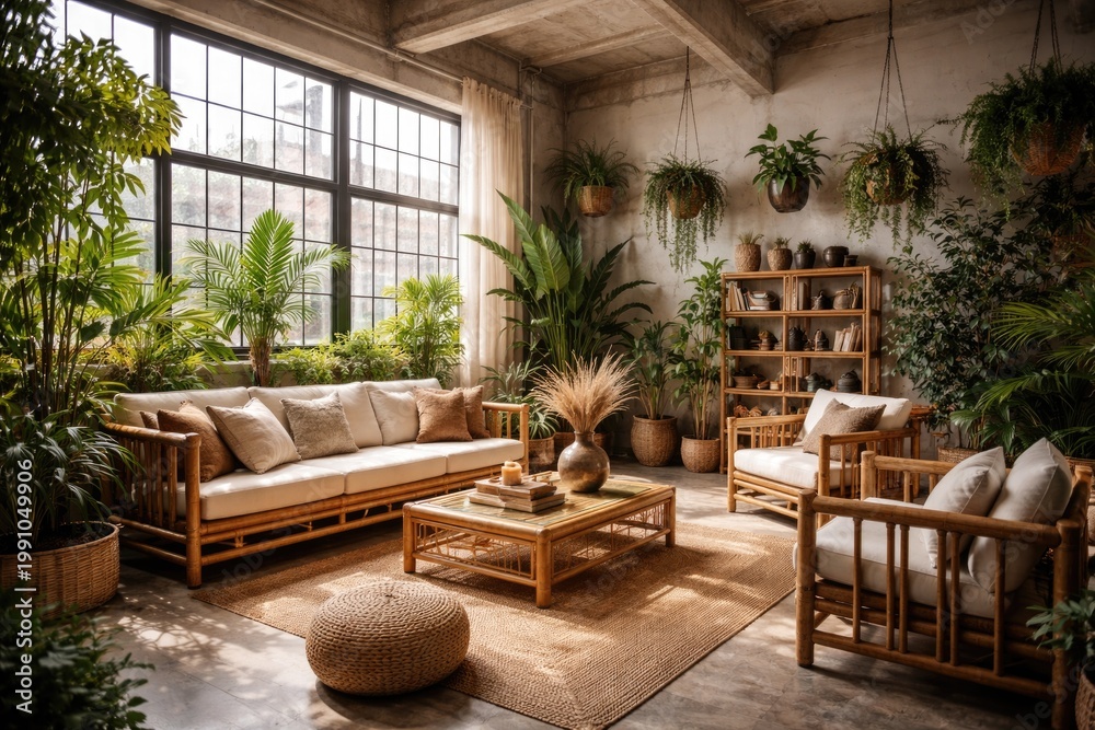 Fototapeta premium Stylish living room design in a loft with bamboo furniture and greenery