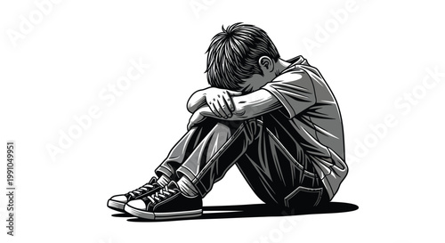 Sad young boy sitting alone with head in hands feeling depressed and unhappy