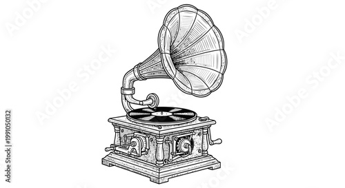 Vintage gramophone illustration in black and white.