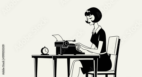 woman sitting at desk typing on vintage typewriter.