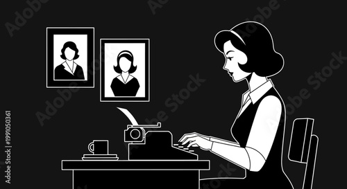 woman sitting at a desk writing on typewriter.