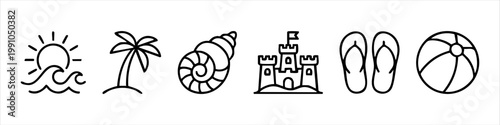 Summer Beach Vacation Outline Icon Set. Collection of minimalist line art symbols including sun, palm tree, seashell, sandcastle, flip-flops, and beach ball.