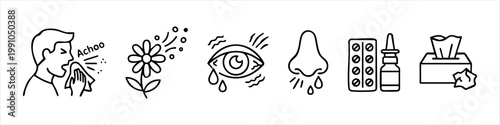 Allergy Symptoms and Treatment Line Icons Set: Sneezing, Pollen, Watery Eyes, Runny Nose, Medication, and Tissues