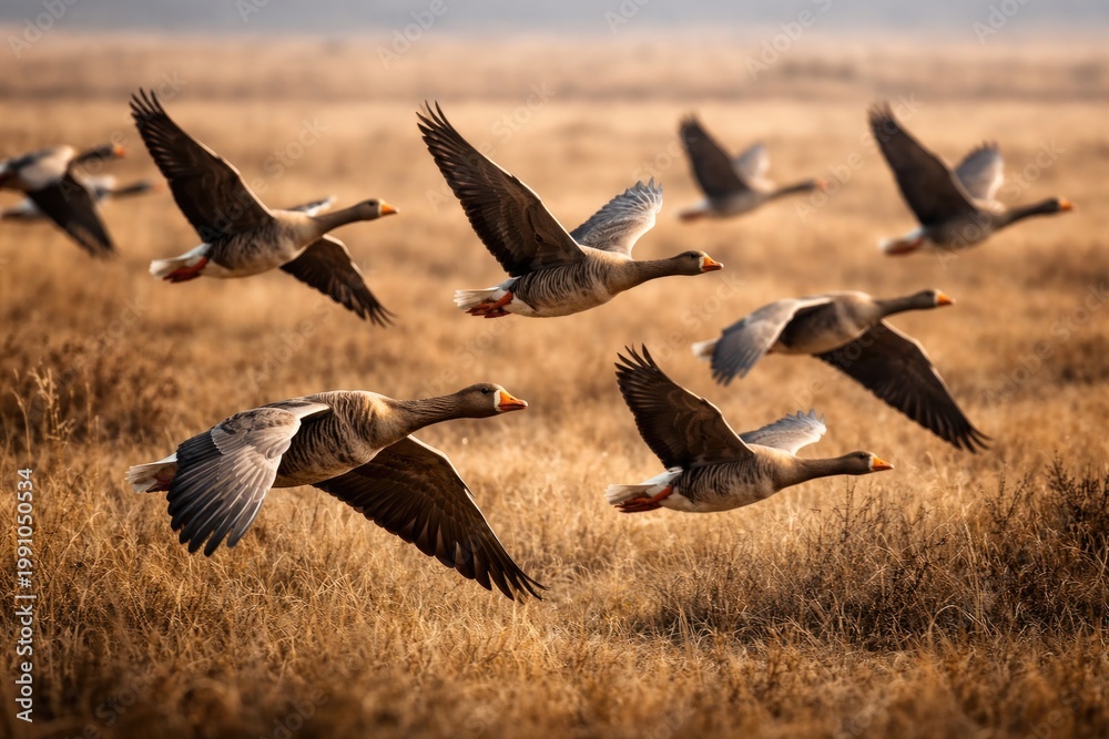 Obraz premium White fronted and bean geese flying above vast dry grassland in migration rest