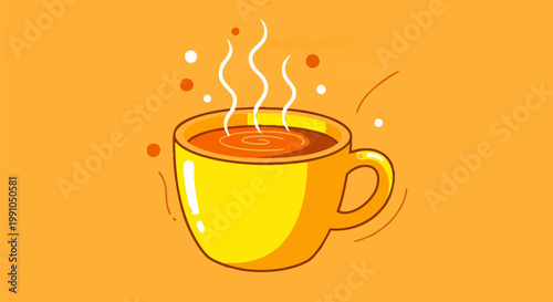 Vibrant yellow coffee cup vector illustration, steaming hot beverage mug on orange background, cozy morning tea or espresso cup icon