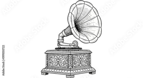 Vintage gramophone on ornate wooden cabinet.