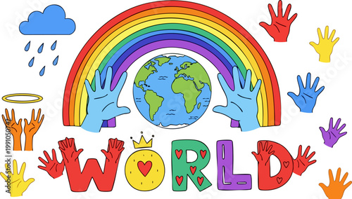 Colorful hand drawn world peace illustration, rainbow with planet earth and diverse hands, playful doodle art for global unity and environmental care