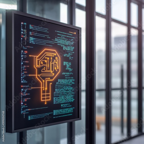 Digital screen in modern office showcases glowing orange AI circuit schematic with green code, symbolizing intelligent data access and advanced tech. Innovation, Software