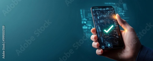 Digital success concept Hand holds smartphone displaying glowing green checkmark on a tech circuit background for secure validation. Authentication, Verification