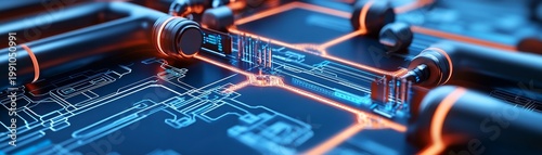Dynamic angled close-up of a futuristic glowing circuit board. Intricate orange and blue data pathways flow through abstract nodes, depicting advanced AI network processing. Cyber,