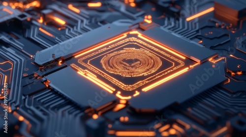 Dynamic close-up of a glowing orange CPU on a dark futuristic circuit board, showcasing AI processing and interconnected digital data flow. Modern tech concept.,Hardware,Innovation