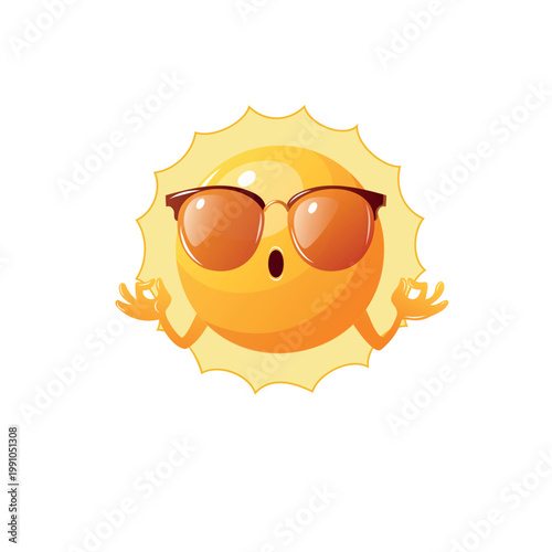 Sun wearing sunglasses performs yoga pose with hands in meditation during a bright day