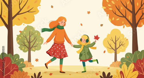 Autumn park flat vector illustration, mother and daughter walking in fall forest, family spending time outdoors in nature, seasonal outdoor activity