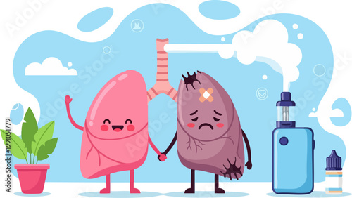 Vaping lung damage vector illustration, healthy and diseased human lungs cartoon characters, electronic cigarette smoke impact on respiratory system