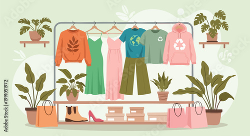 Sustainable fashion clothing rack with eco-friendly apparel, ethical slow fashion garments on hangers, green lifestyle boutique interior vector