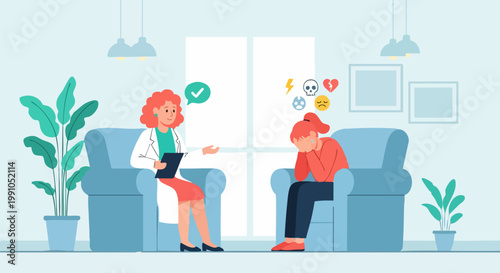 Mental health therapy session vector illustration, female psychologist consulting depressed patient, professional counseling and psychiatric support
