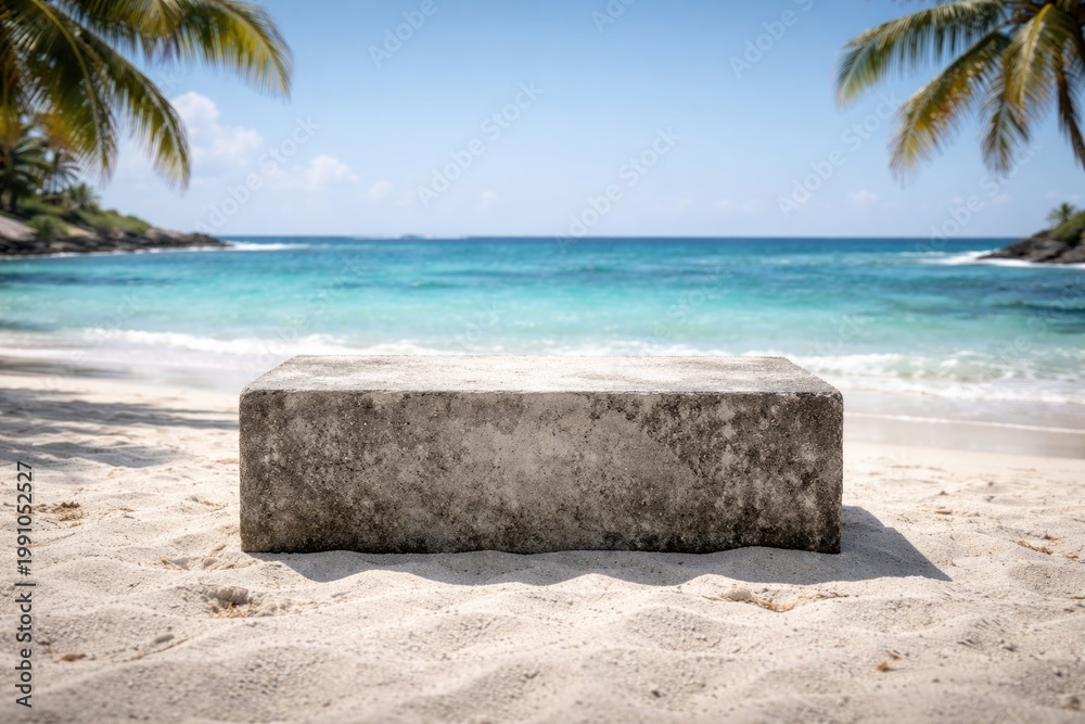 Fototapeta premium Front view of a grungy grey concrete stone platform podium on white sand beach backdrop for product display